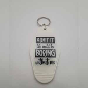 Motel Room Keychain Retro Styled Black and White Text Keyring